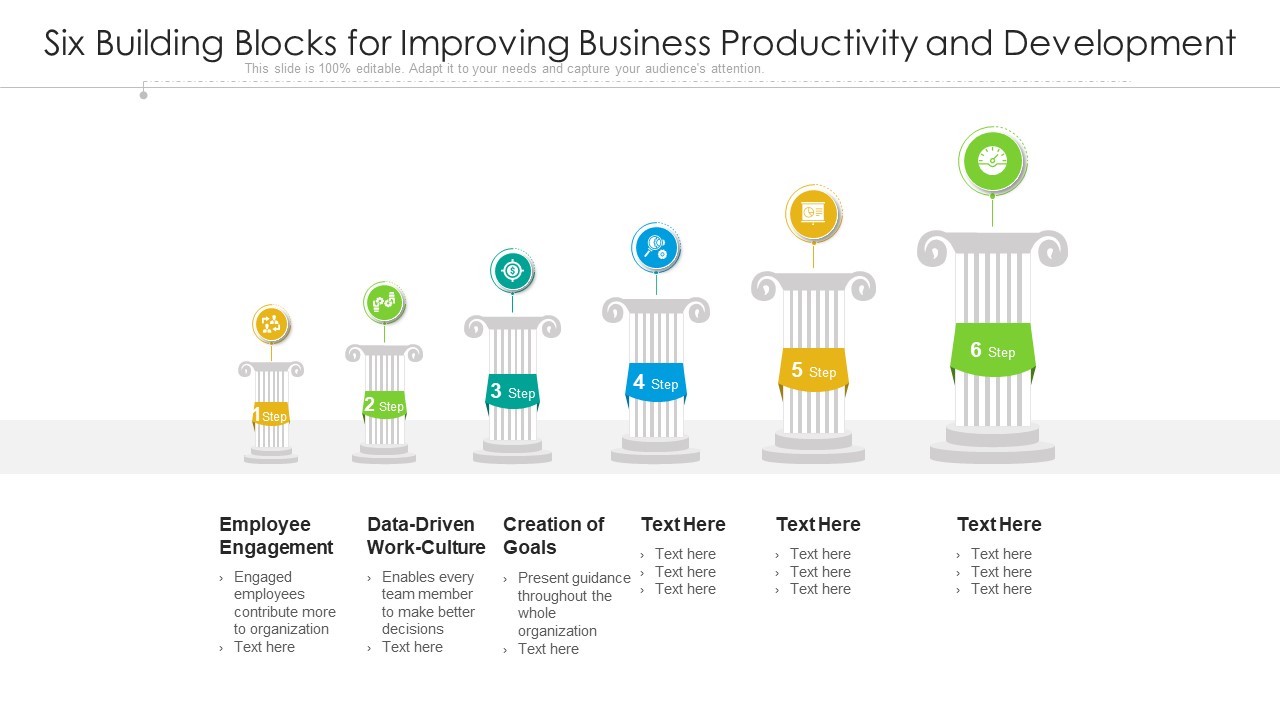 Six Building Blocks For Improving Business Productivity And Development Ppt PowerPoint Presentation File Master Slide PDF