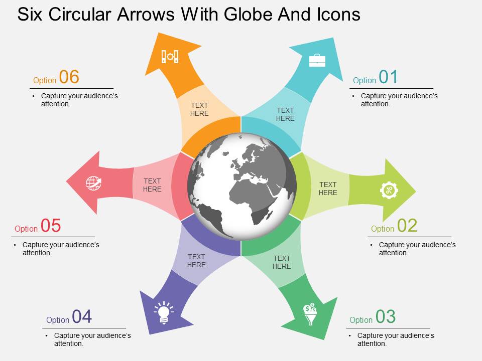 Six Circular Arrows With Globe And Icons Powerpoint Template
