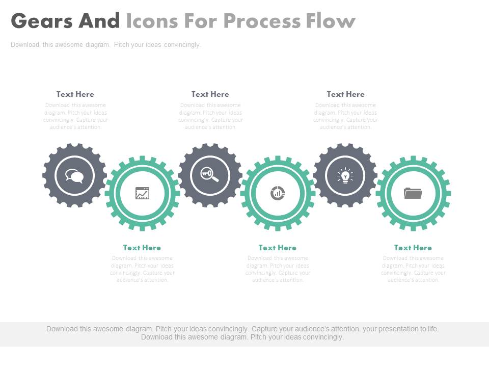 Six Gears With Icons For Process Flow Powerpoint Template