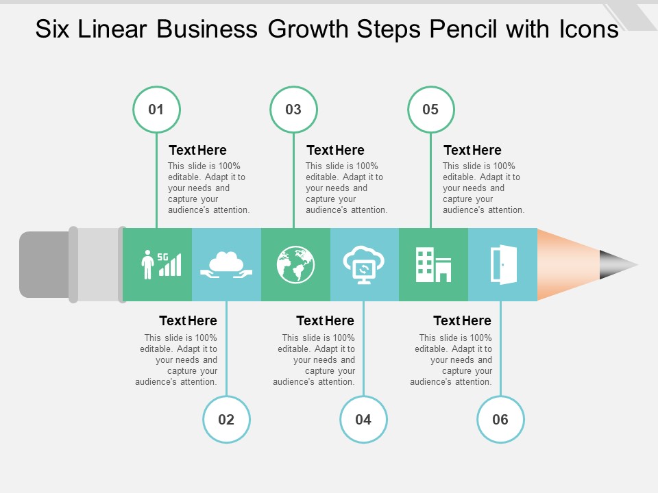 Six Linear Business Growth Steps Pencil With Icons Ppt PowerPoint Presentation Show Design Inspiration