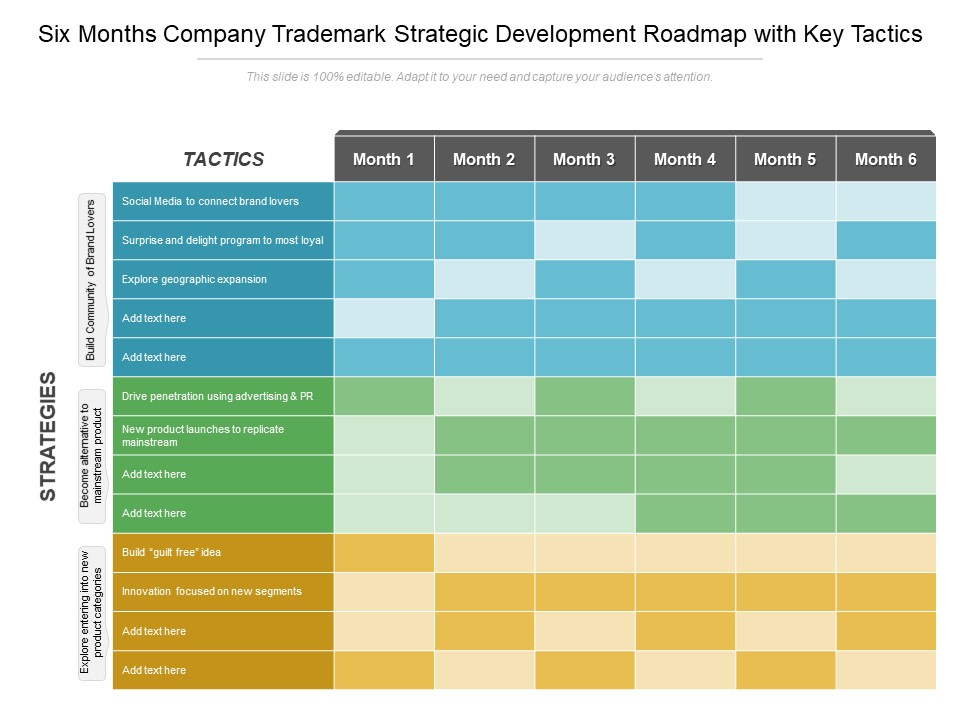 Six Months Company Trademark Strategic Development Roadmap With Key Tactics Brochure