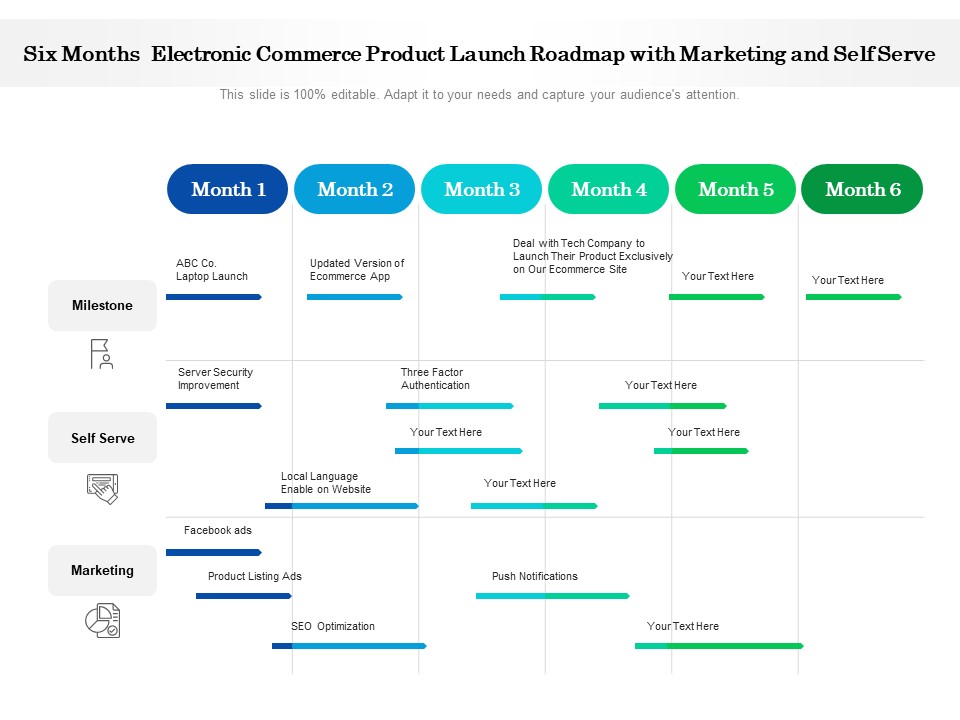 Six Months Electronic Commerce Product Launch Roadmap With Marketing And Self Serve Diagrams