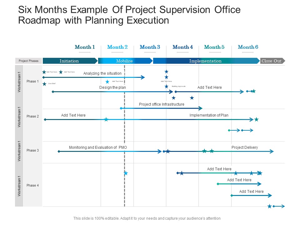 Six Months Example Of Project Supervision Office Roadmap With Planning Execution Microsoft