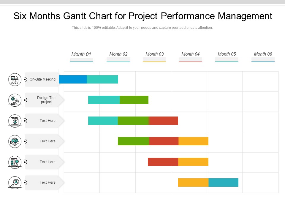 Six Months Gantt Chart For Project Performance Management Ppt PowerPoint Presentation Portfolio Shapes PDF