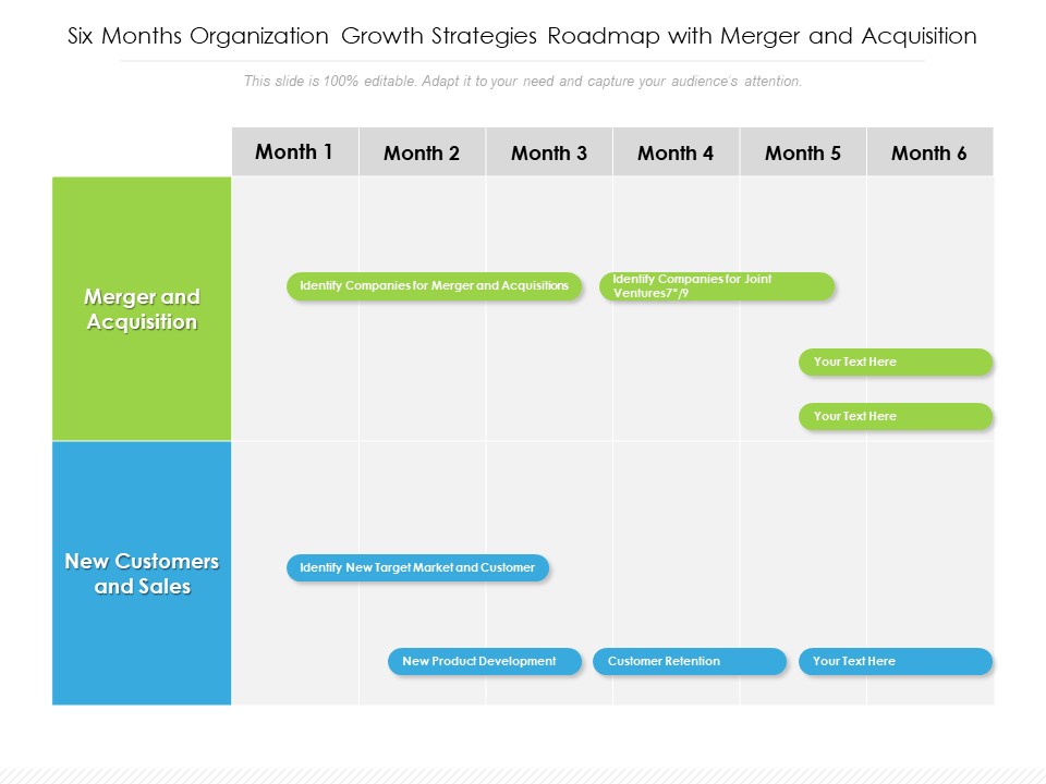 Six Months Organization Growth Strategies Roadmap With Merger And Acquisition Themes