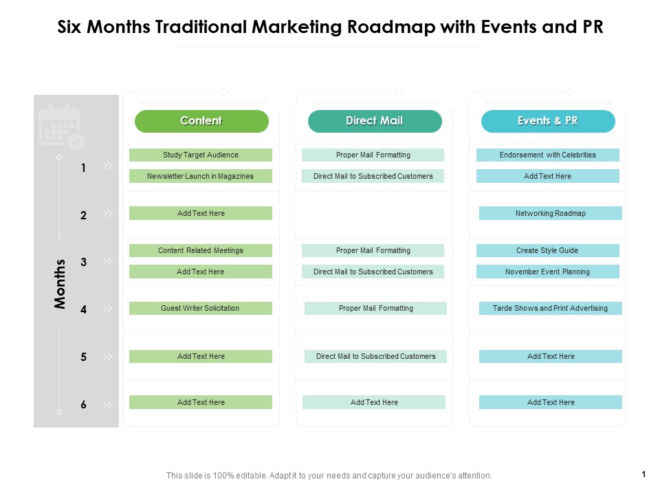 Six Months Traditional Marketing Roadmap With Events And PR Template