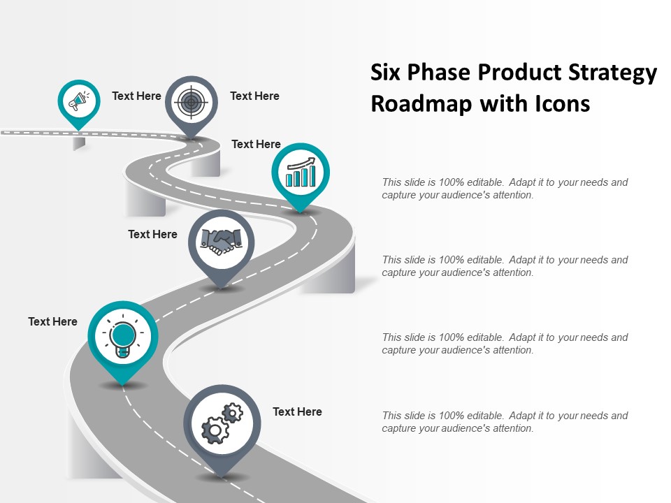 Six Phase Product Strategy Roadmap With Icons Ppt PowerPoint Presentation Styles Display