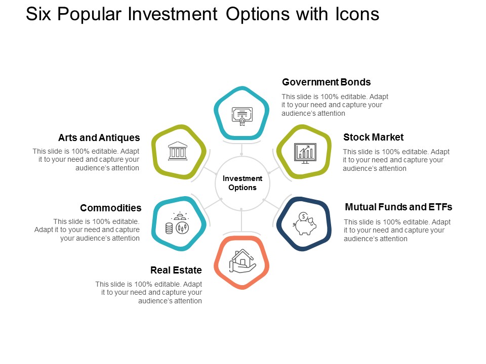 Six Popular Investment Options With Icons Ppt PowerPoint Presentation Pictures File Formats