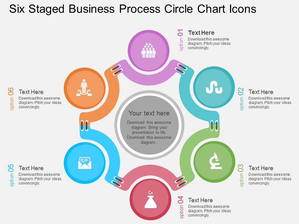 Six Staged Business Process Circle Chart Icons Powerpoint Template