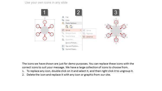 Six Staged Hub And Spokes Diagram Powerpoint Slides