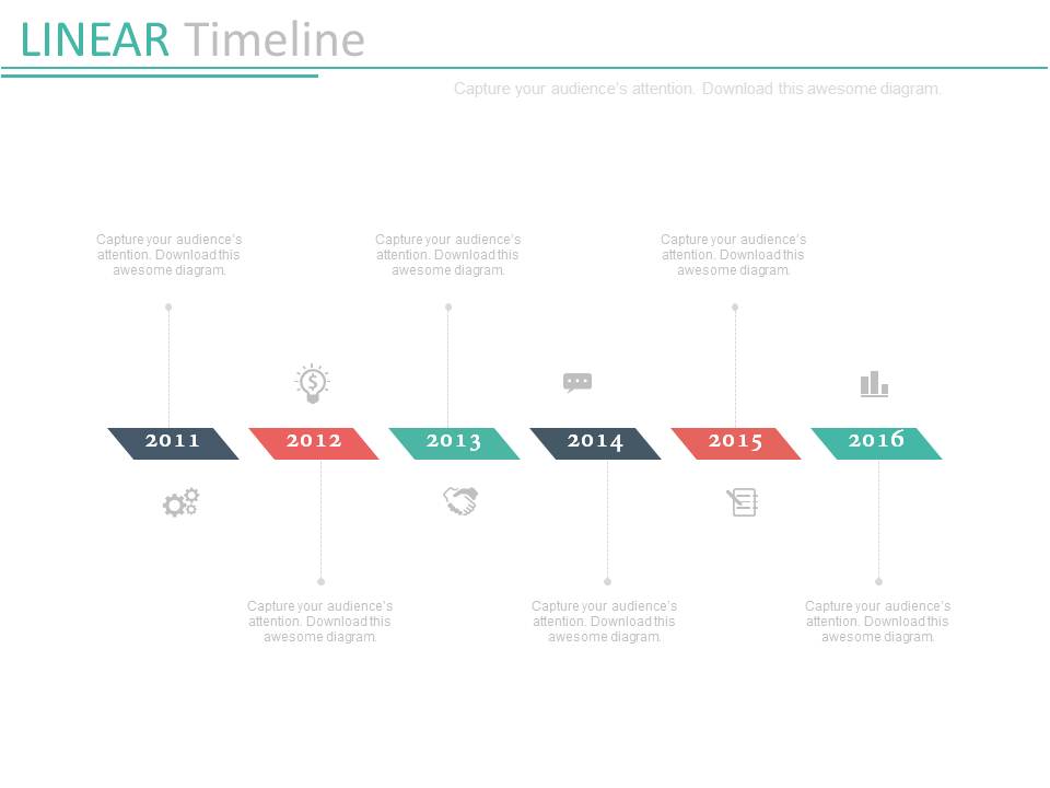 Six Staged Linear Timeline For Year Based Growth Powerpoint Slides