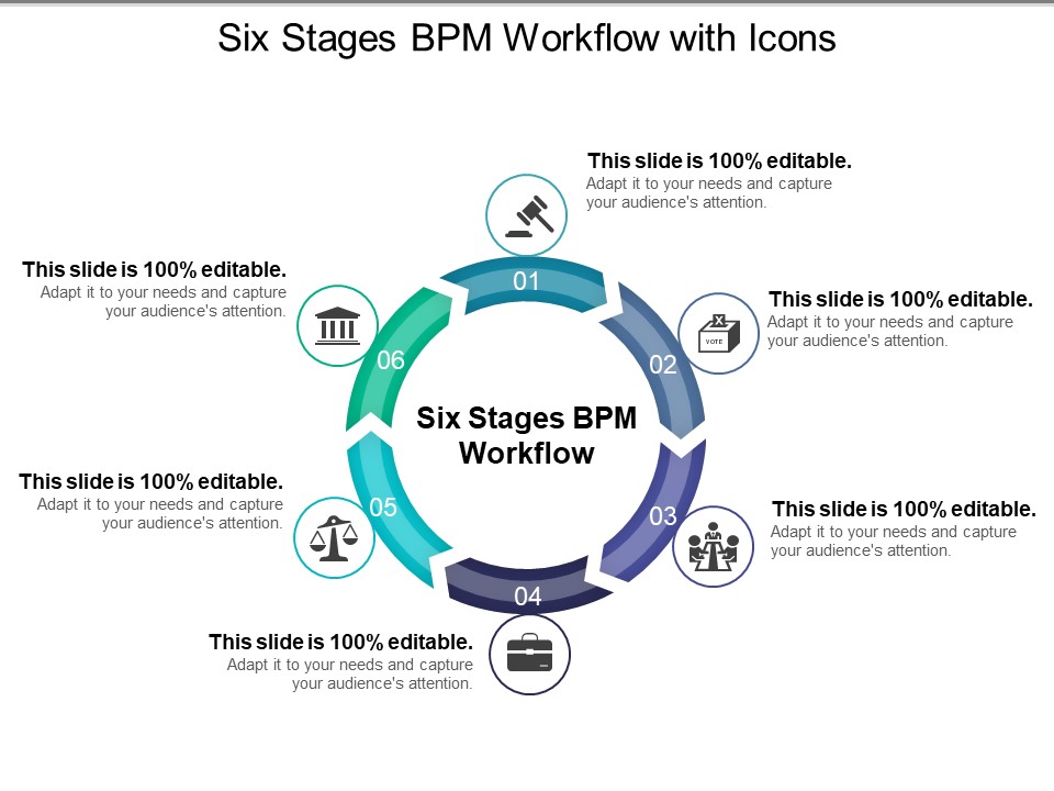 Six Stages Bpm Workflow With Icons Ppt PowerPoint Presentation Ideas Brochure