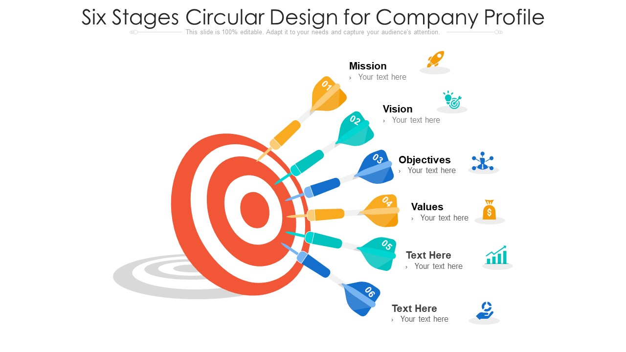 Six Stages Circular Design For Company Profile Ppt PowerPoint Presentation File Infographics PDF
