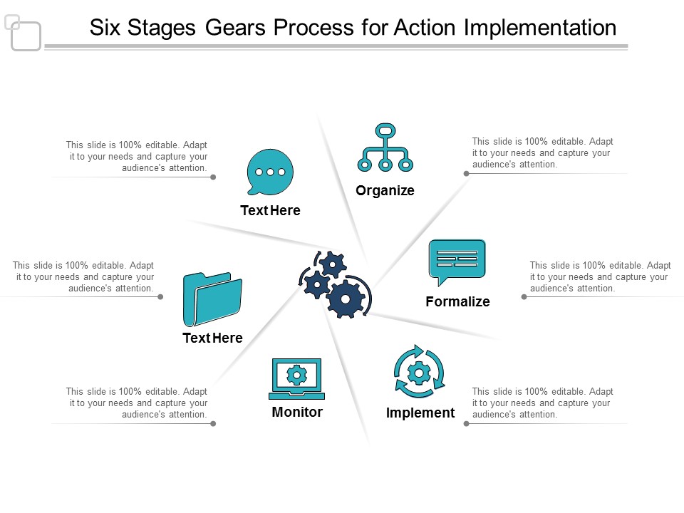 Six Stages Gears Process For Action Implementation Ppt Powerpoint Presentation Show Introduction