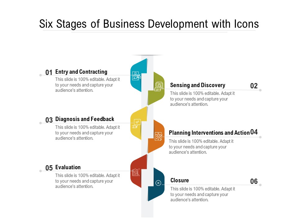 Six Stages Of Business Development With Icons Ppt PowerPoint Presentation Gallery Graphics Pictures PDF