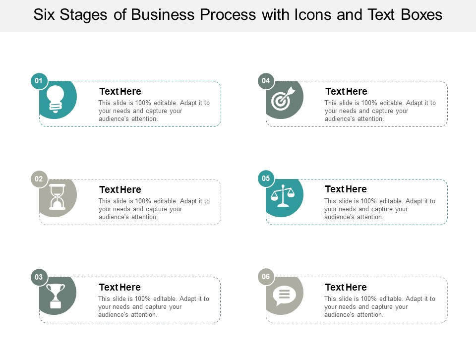 Six Stages Of Business Process With Icons And Text Boxes Ppt PowerPoint Presentation Gallery Show