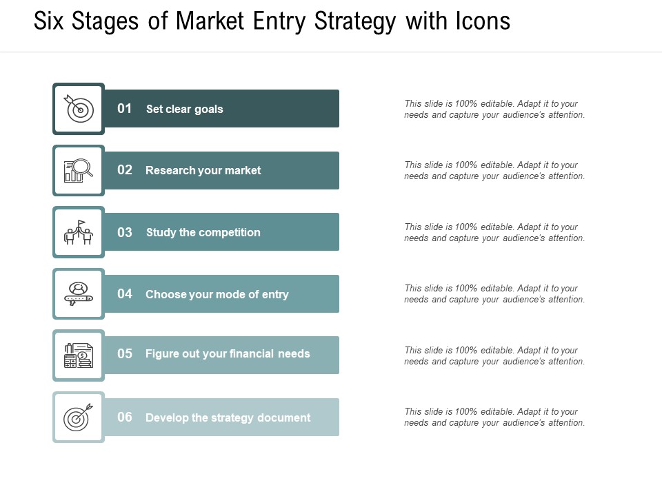 Six Stages Of Market Entry Strategy With Icons Ppt PowerPoint Presentation Portfolio Slides