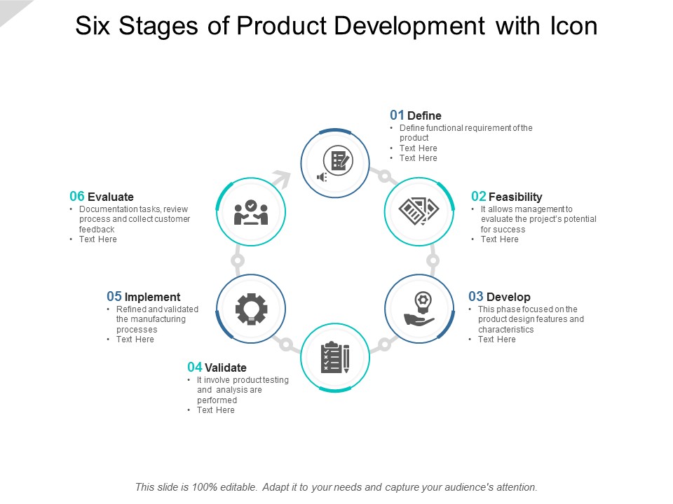 Six Stages Of Product Development With Icon Ppt PowerPoint Presentation Professional Diagrams