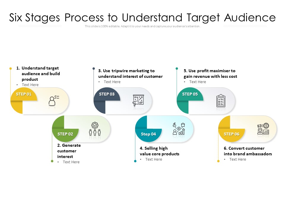 Six Stages Process To Understand Target Audience Ppt PowerPoint Presentation Layouts Background Designs PDF