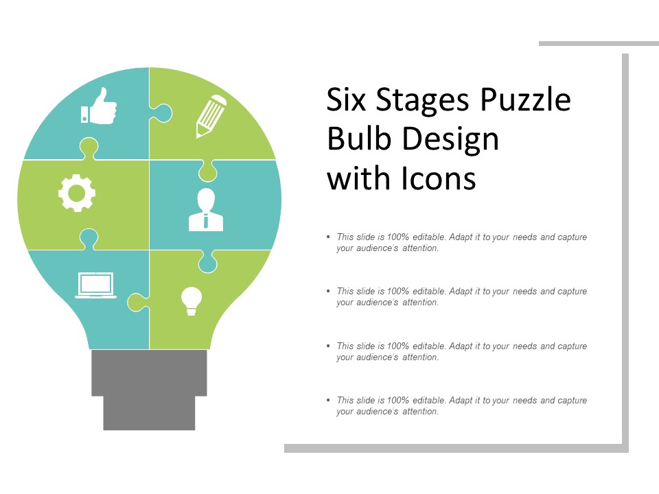 Six Stages Puzzle Bulb Design With Icons Ppt PowerPoint Presentation Gallery Graphic Tips