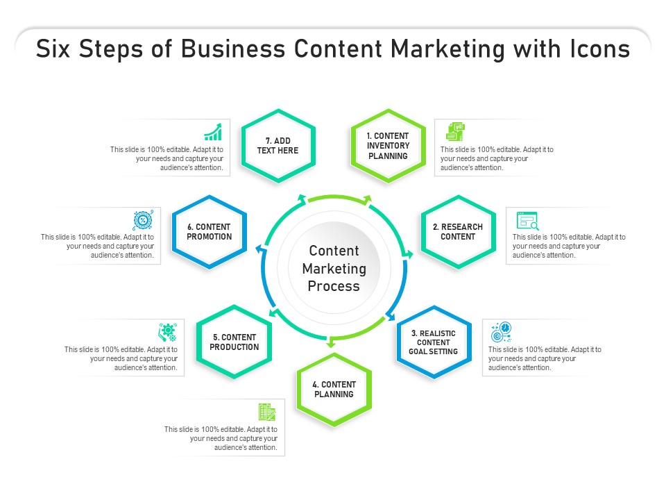 Six Steps Of Business Content Marketing With Icons Ppt PowerPoint Presentation Icon Layouts PDF