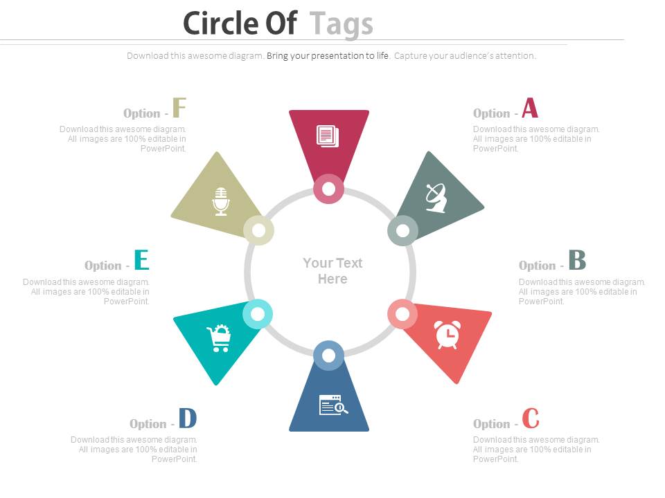 Six Tags On Circle For Business Communication PowerPoint Slides