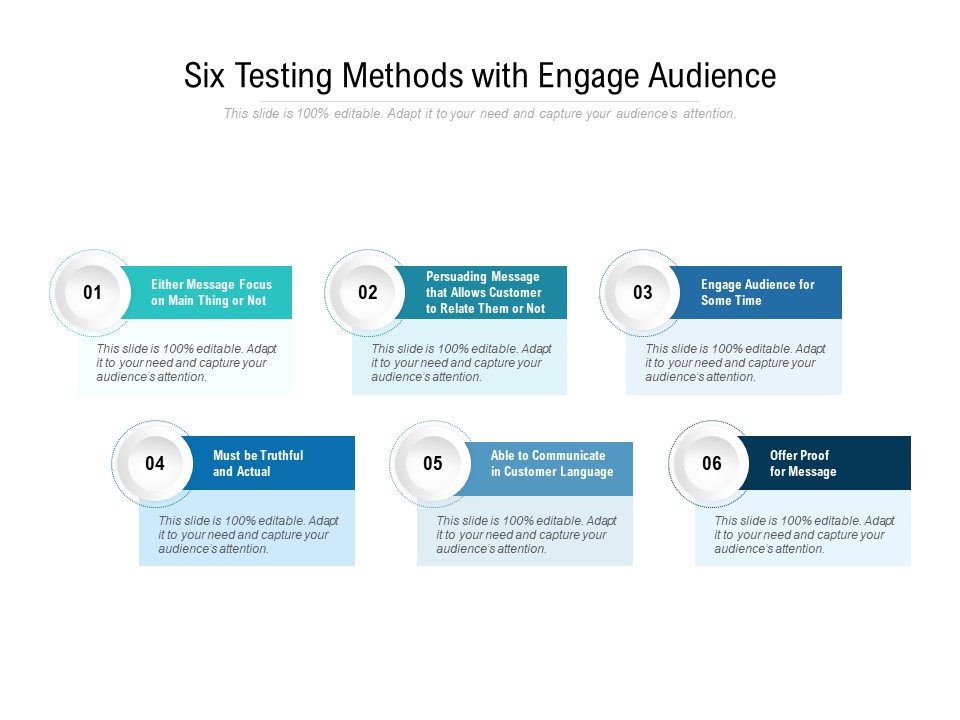 Six Testing Methods With Engage Audience Ppt PowerPoint Presentation Styles Format