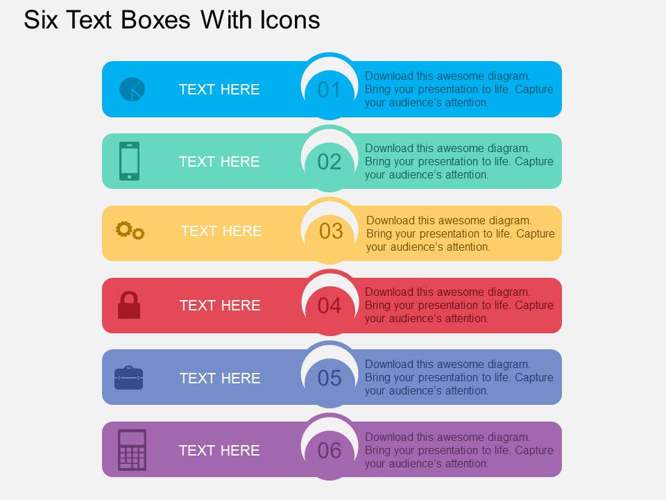 Six Text Boxes With Icons Powerpoint Template
