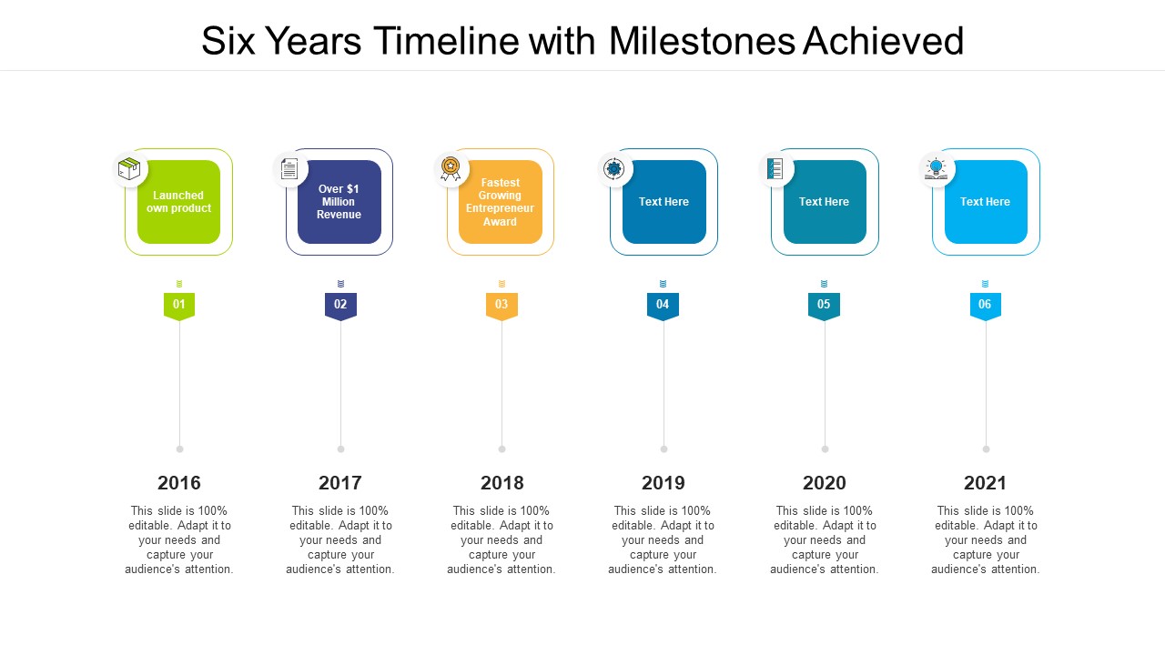 Six Years Timeline With Milestones Achieved Ppt PowerPoint Presentation Gallery Graphics Design PDF
