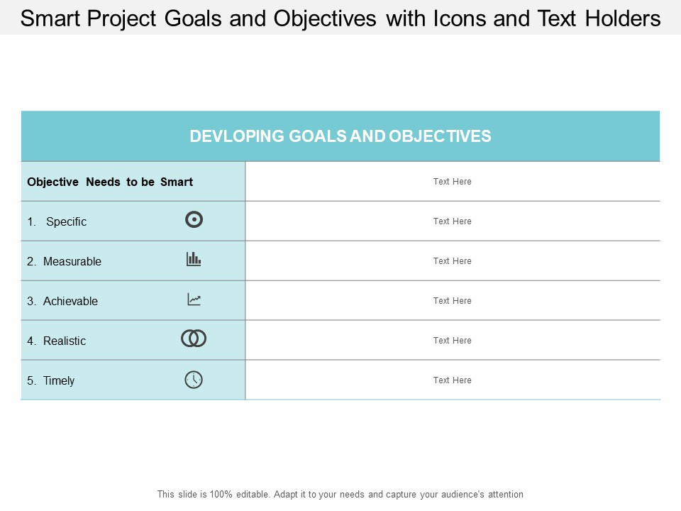 Smart Project Goals And Objectives With Icons And Text Holders Ppt PowerPoint Presentation Inspiration Skills