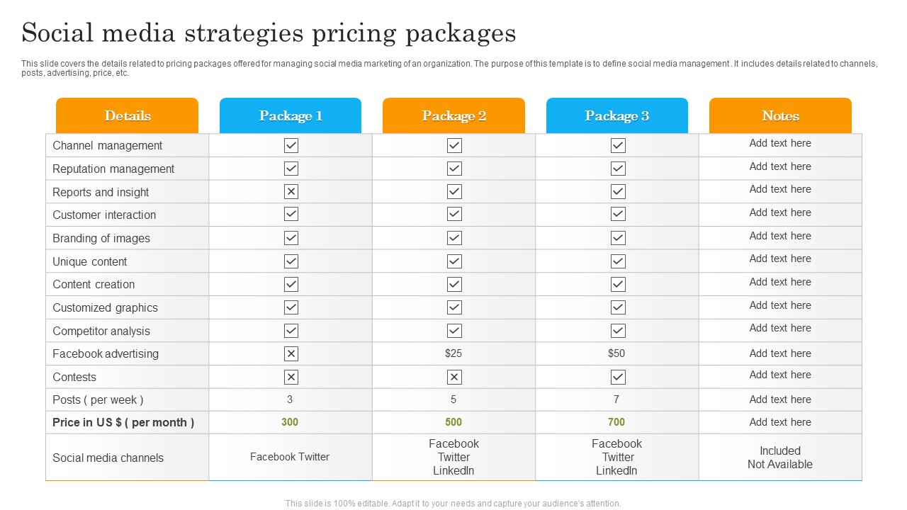 Social Media Strategies Pricing Packages Ppt Infographics Structure PDF