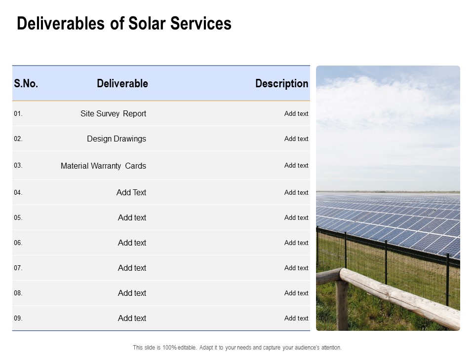 Solar Panel Maintenance Deliverables Of Solar Services Ppt Icon Example File PDF