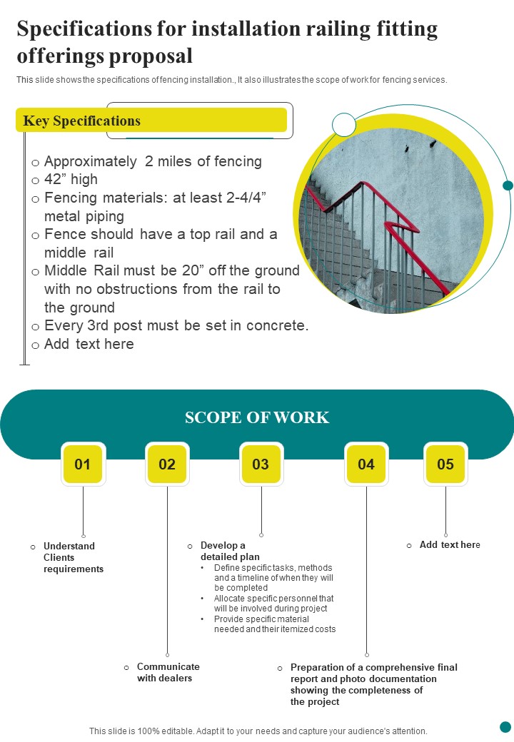Specifications For Installation Railing Fitting Offerings Proposal One Pager Sample Example Document