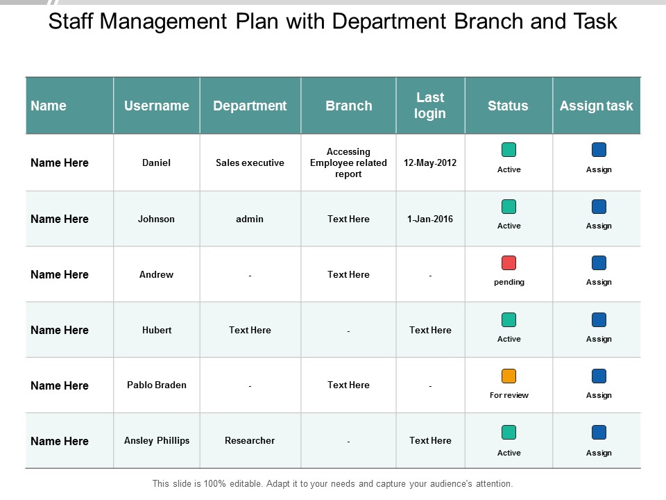 Staff Management Plan With Department Branch And Task Ppt PowerPoint Presentation Template