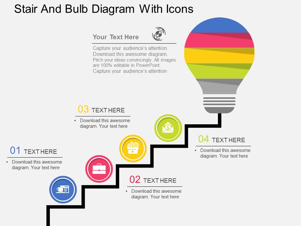 Stair And Bulb Diagram With Icons Powerpoint Template