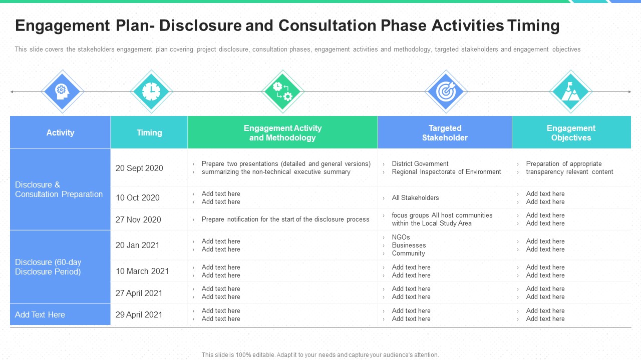Stakeholders Participation Project Development Process Engagement Plan Disclosure And Consultation Phase Activities Timing Brochure PDF
