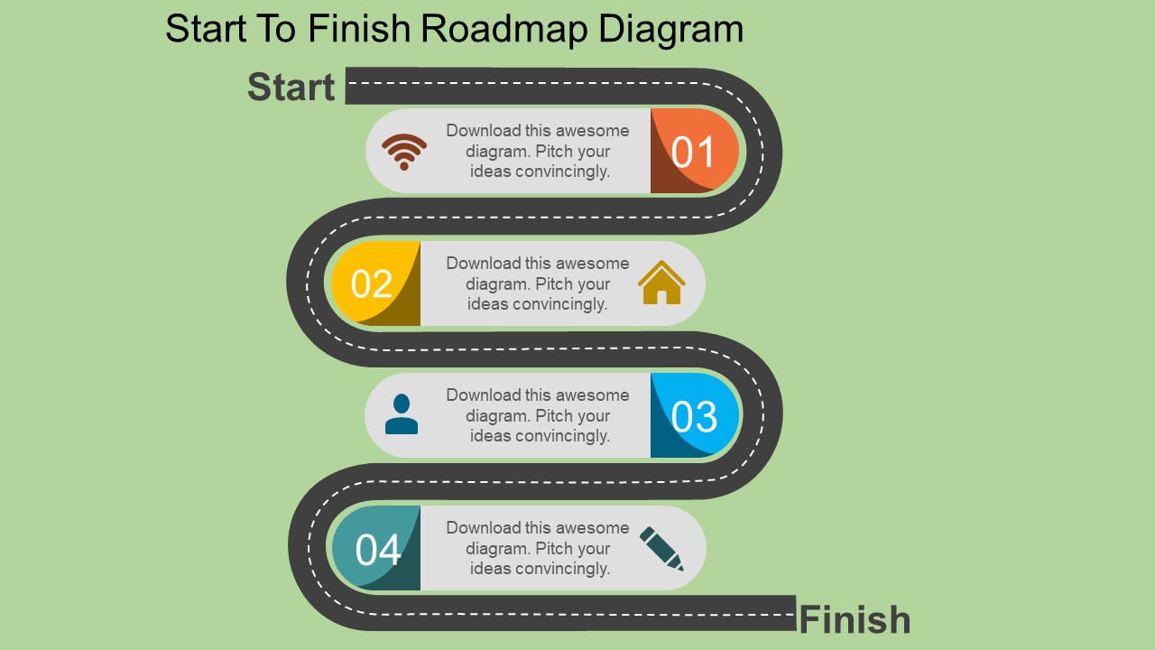 Start To Finish Roadmap Diagram Powerpoint Template