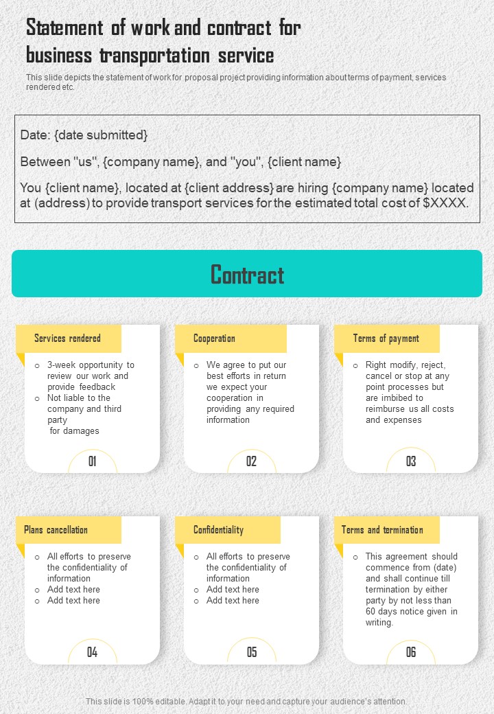 Statement Of Work And Contract For Business Transportation Service One Pager Sample Example Document