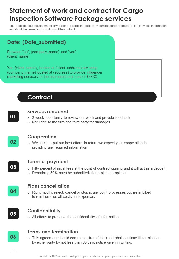 Statement Of Work And Contract For Cargo Inspection Software Package Services One Pager Sample Example Document