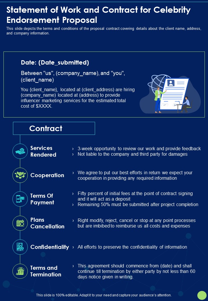 Statement Of Work And Contract For Celebrity Endorsement Proposal One Pager Sample Example Document