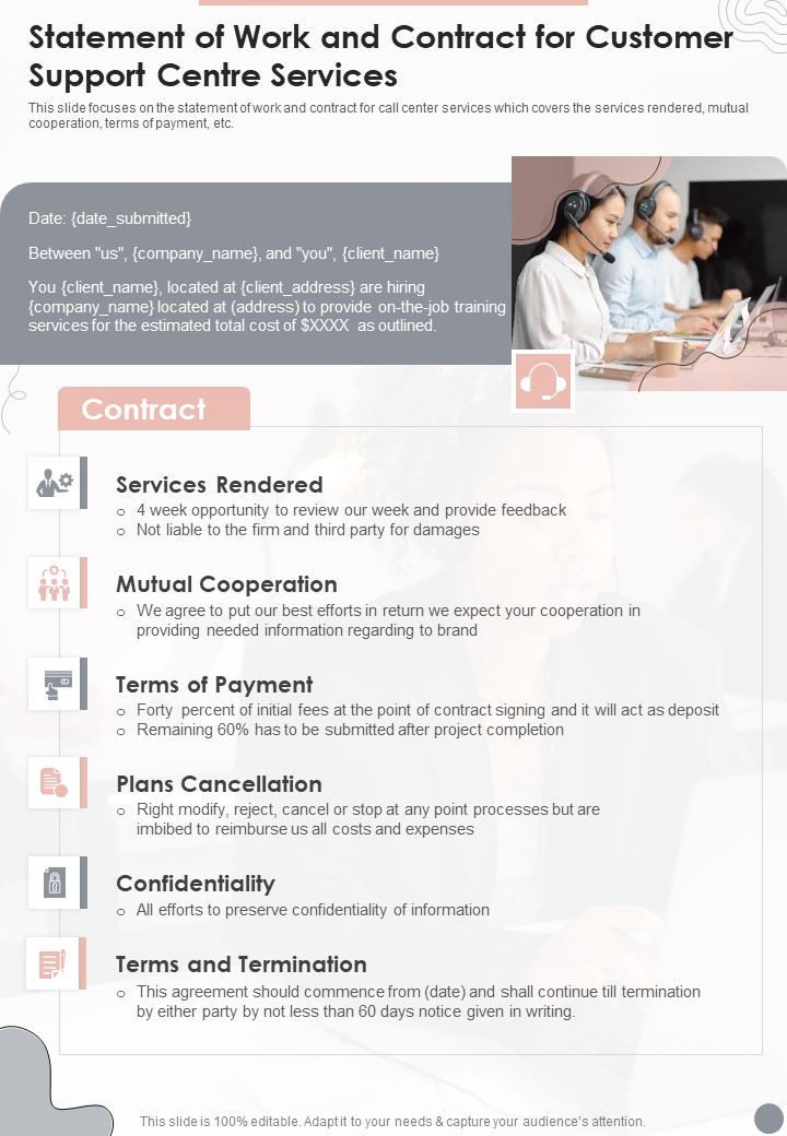 Statement Of Work And Contract For Customer Support Centre Services One Pager Sample Example Document
