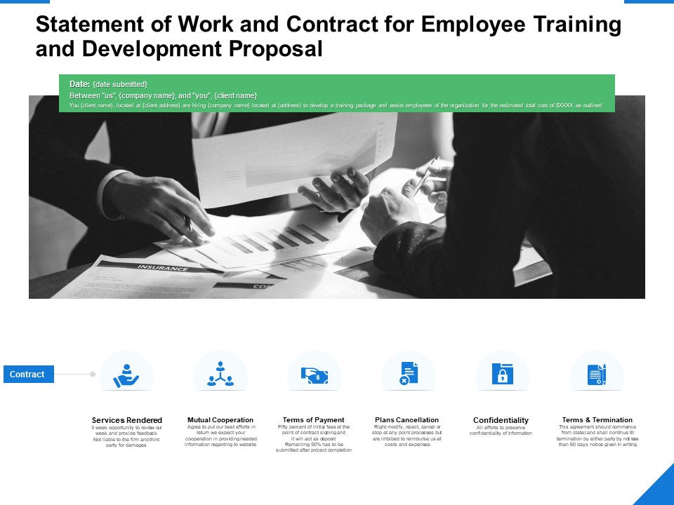 Statement Of Work And Contract For Employee Training And Development Proposal Ppt PowerPoint Presentation Model Master Slide