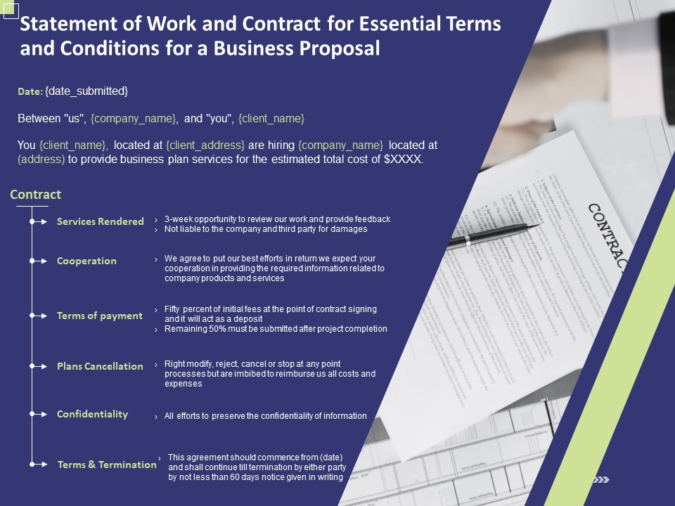 Statement Of Work And Contract For Essential Terms And Conditions For A Business Proposal Topics PDF
