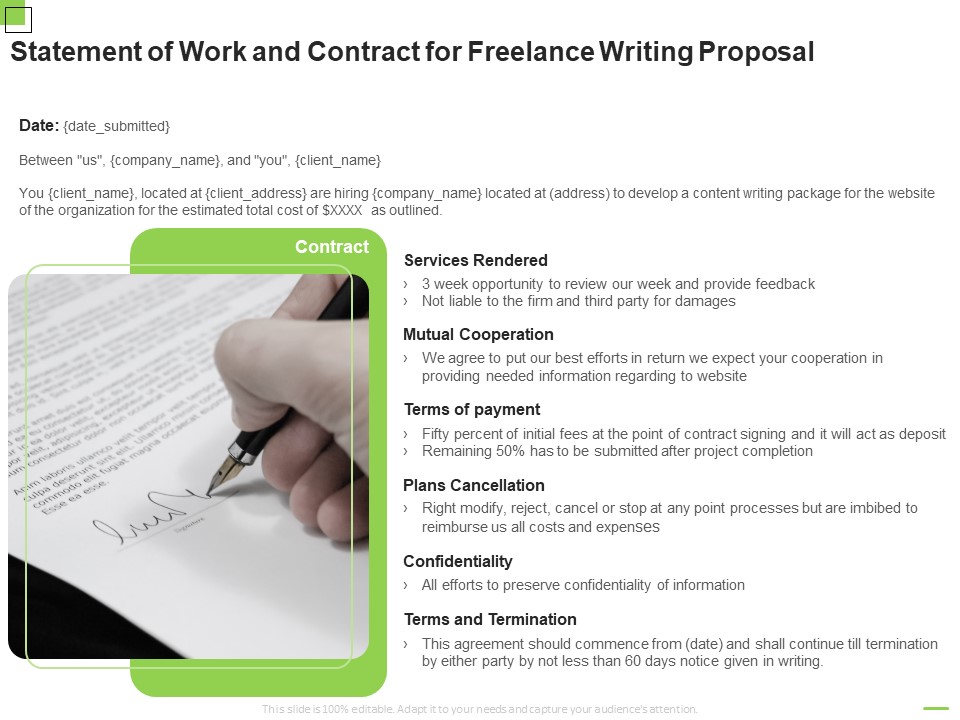 Statement Of Work And Contract For Freelance Writing Proposal Ppt Outline Ideas PDF