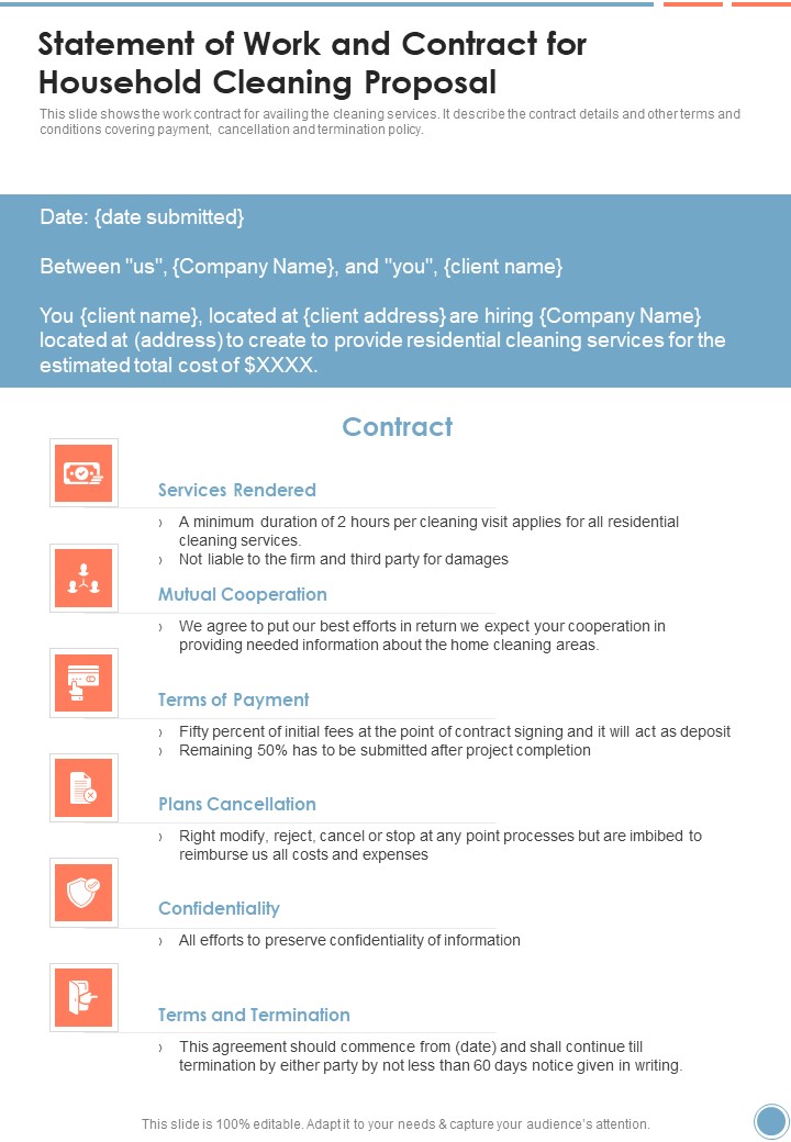 Statement Of Work And Contract For Household Cleaning Proposal One Pager Sample Example Document
