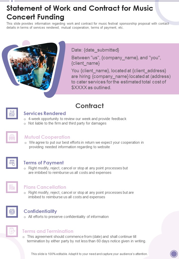 Statement Of Work And Contract For Music Concert Funding One Pager Sample Example Document