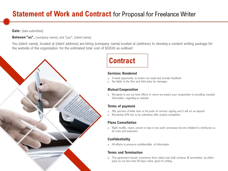 Statement Of Work And Contract For Proposal For Freelance Writer Ppt PowerPoint Presentation Slides Picture PDF