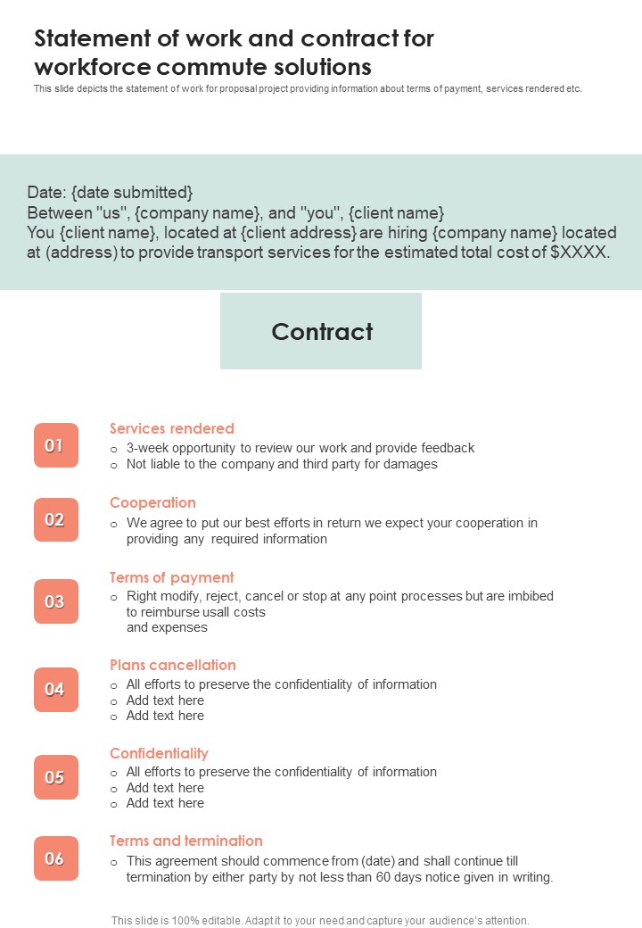 Statement Of Work And Contract For Workforce Commute Solutions One Pager Sample Example Document