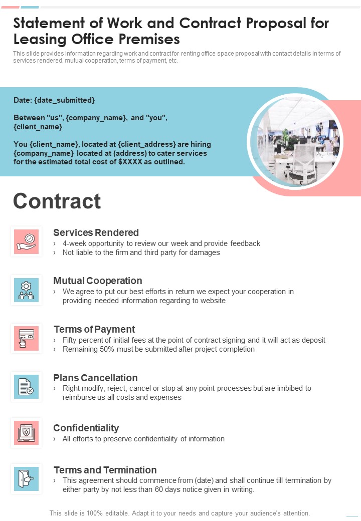 Statement Of Work And Contract Proposal For Leasing Office Premises One Pager Sample Example Document