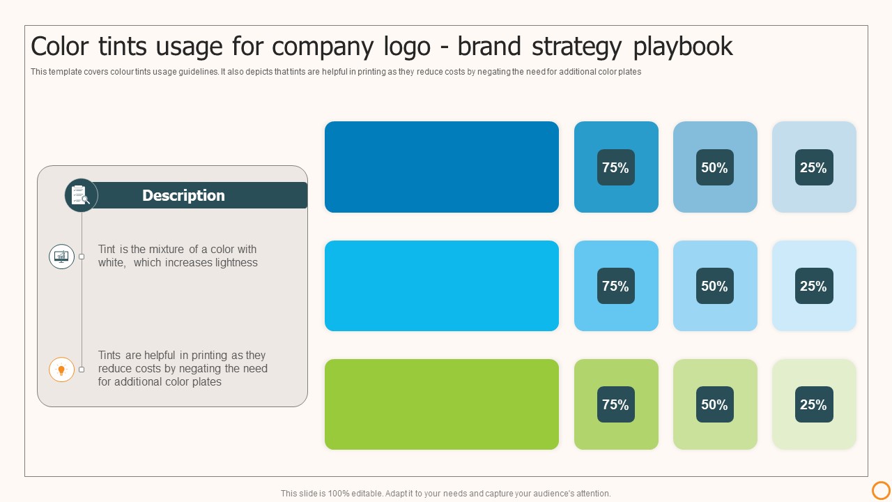Strategic Brand Playbook Color Tints Usage For Company Logo Brand Strategy Playbook Sample PDF